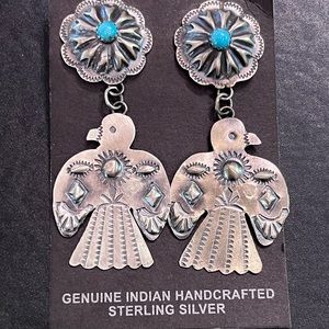 Native American Navajo handmade sterling silver turquoise eagle earrings
